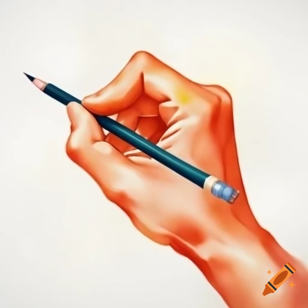 Hand holding a pencil on white background, watercolor effect