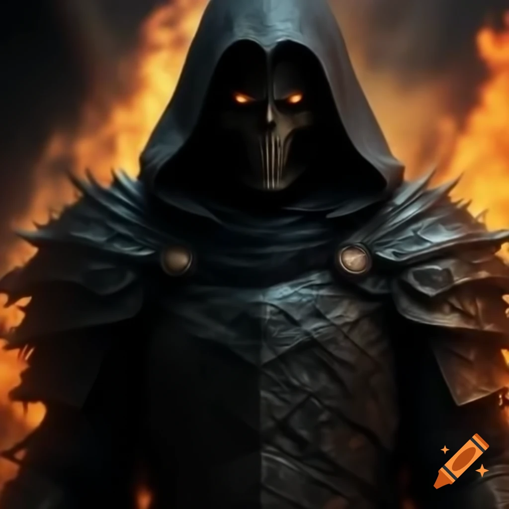 Mysterious warrior in black hood against inferno hellscape