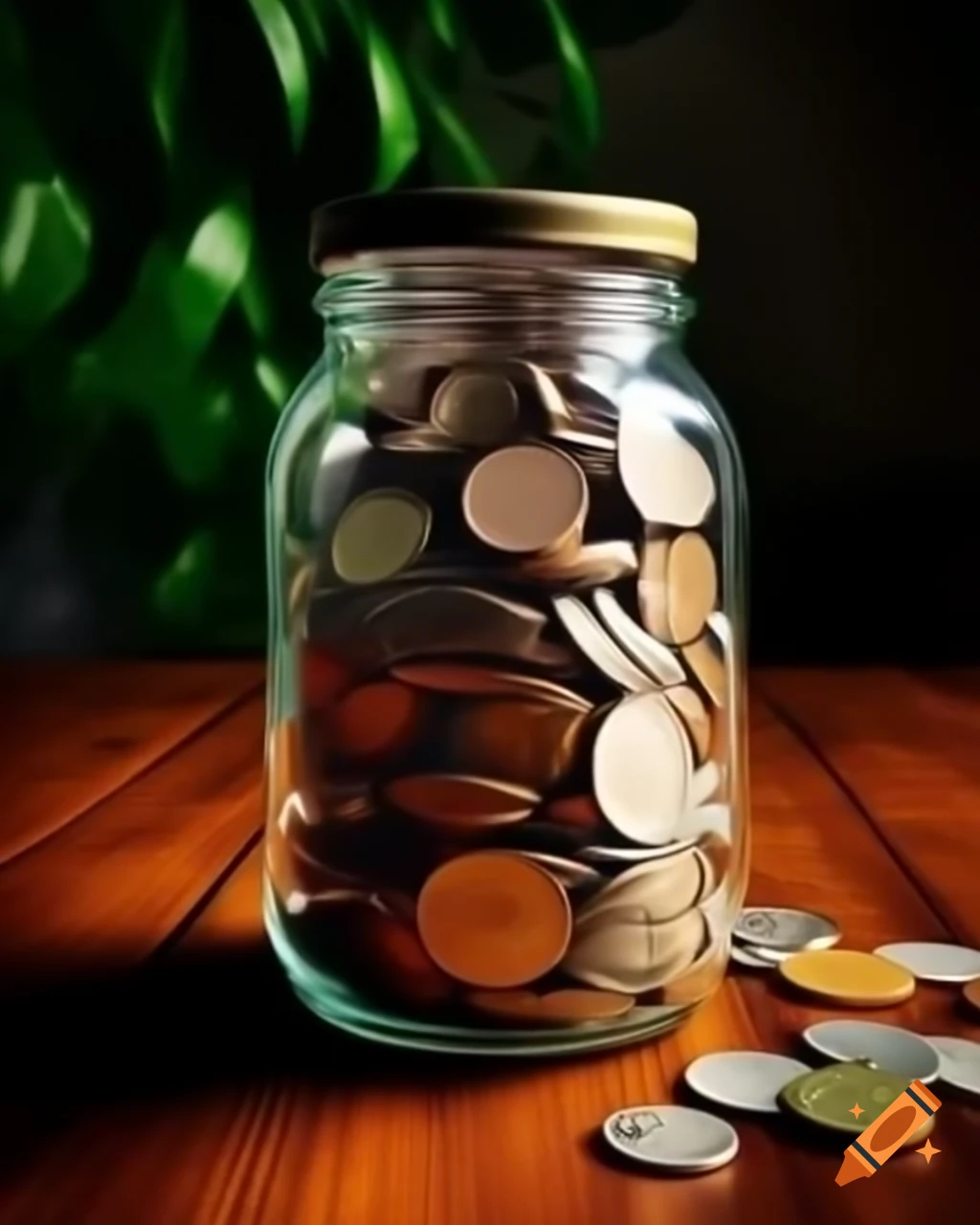 Savings jar filled with coins next to family photo on wooden table