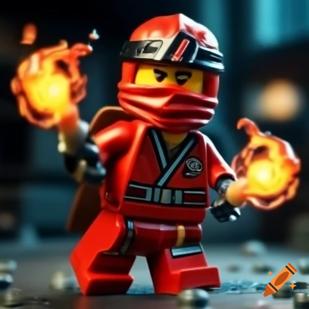 Lego ninja in scarlet suit wielding fire powers