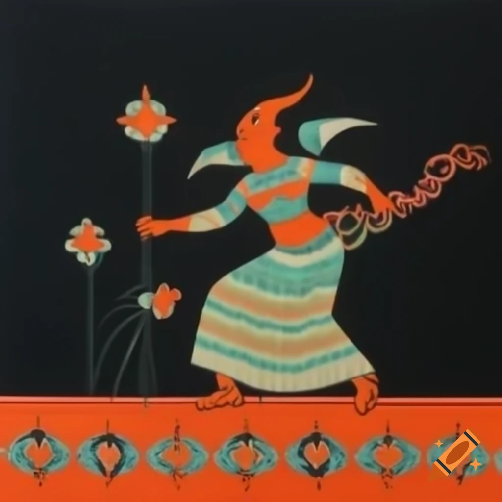 Orientalist Batik illustration of formally dressed demon dancing at royal celebration