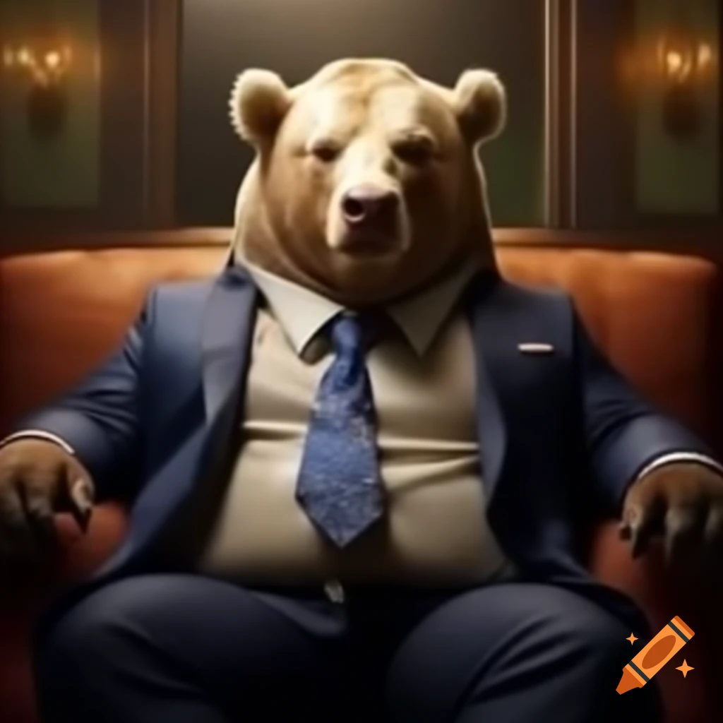Bull and bear in suits, bull sitting on king-size sofa with bear standing beside