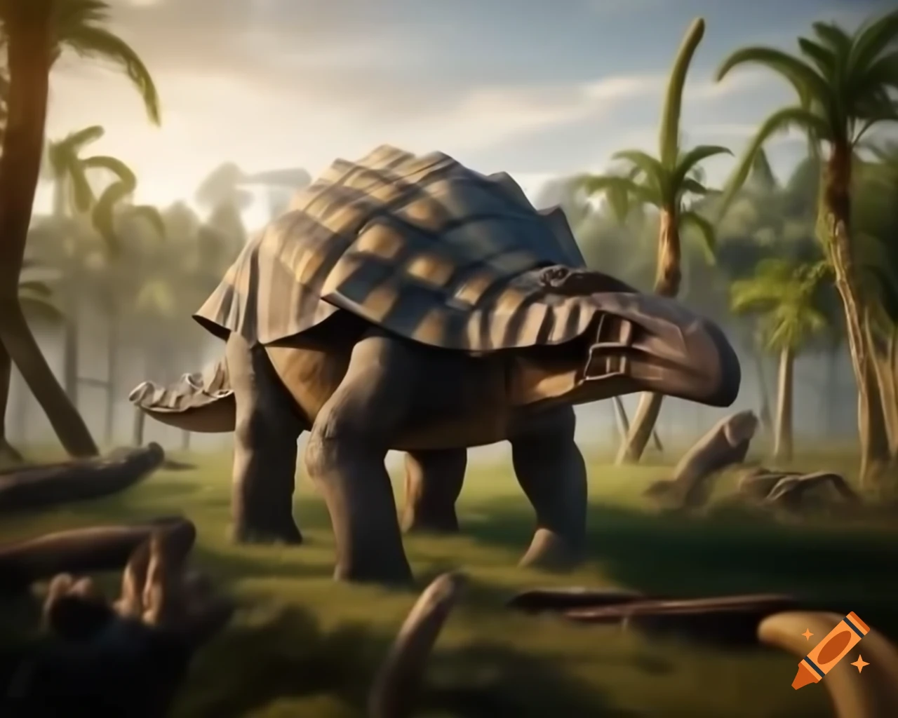 Ankylosaurus walking in prehistoric fern prairie with Diplodocus in the background