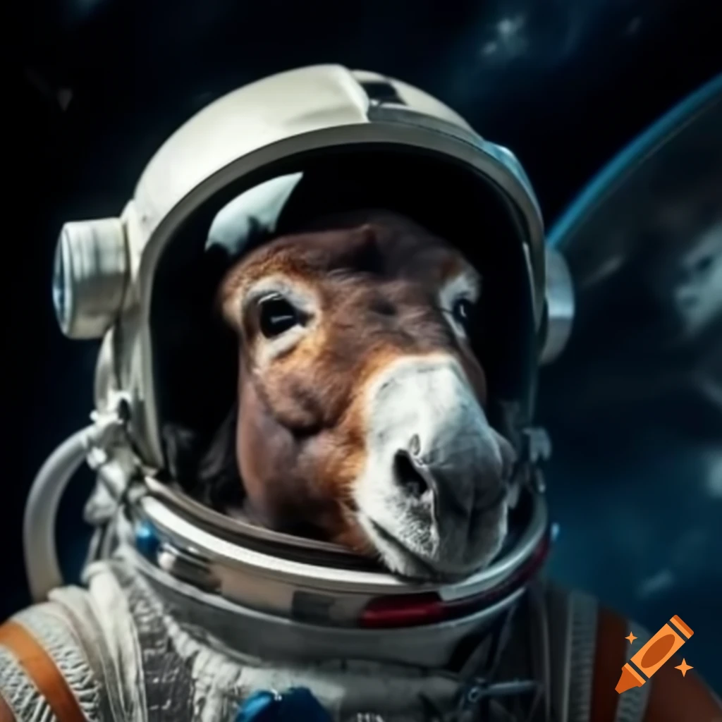 Photorealistic donkey in space suit floating in space