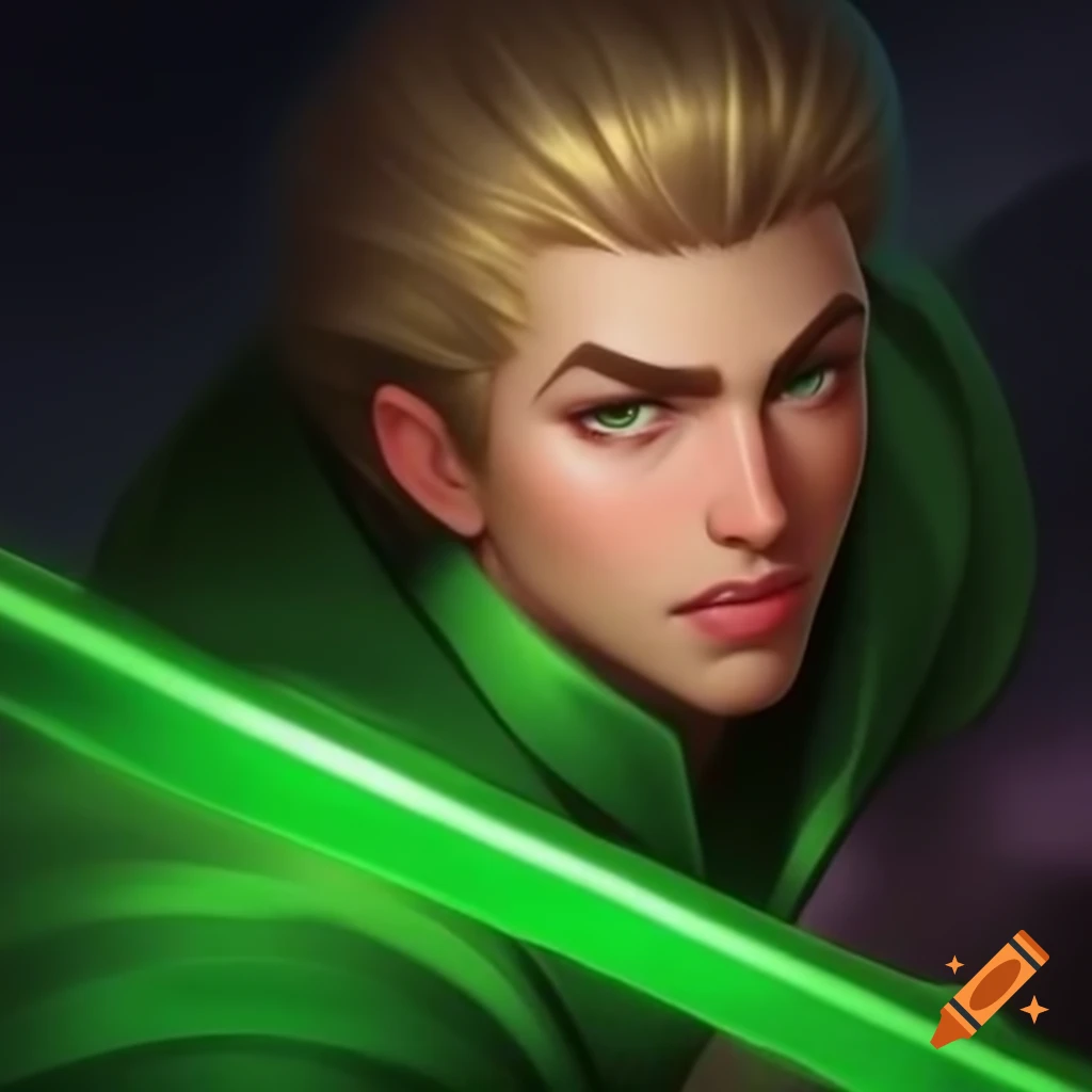 Manga style young man with blonde hair in green ninja robes using light powers