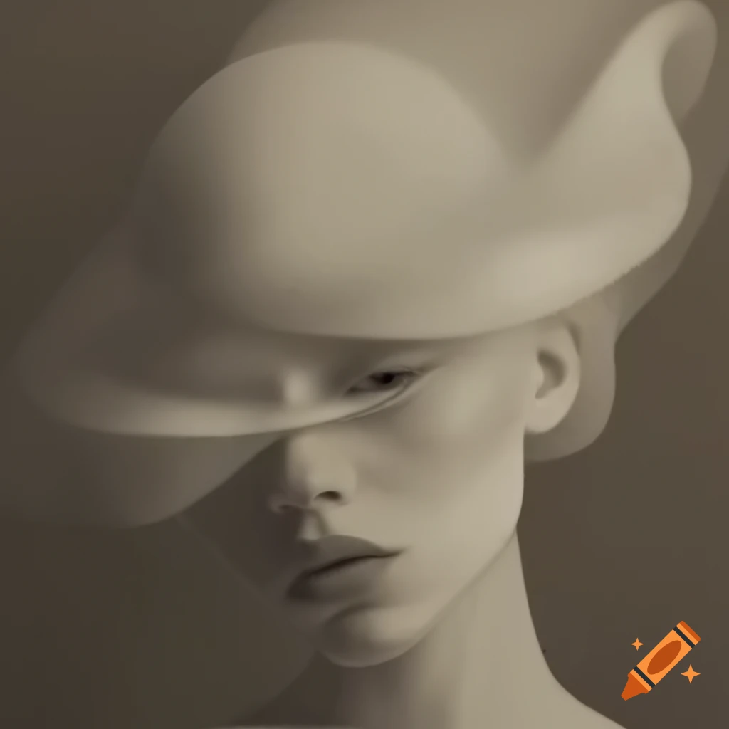 Surrealist artwork featuring monochrome white, black, grey, and sepia tones