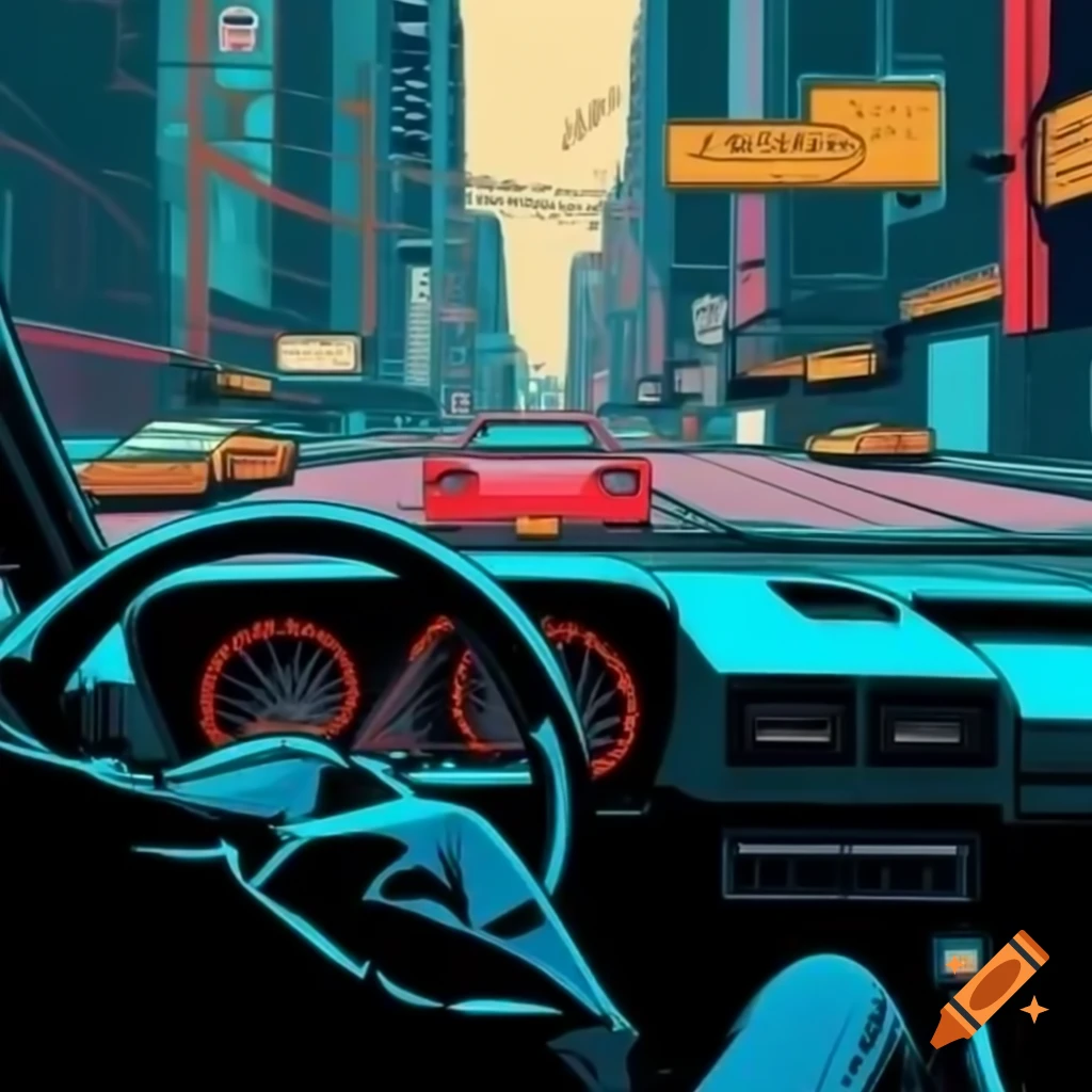 First person view inside 1980s sports car driving through neon-lit city