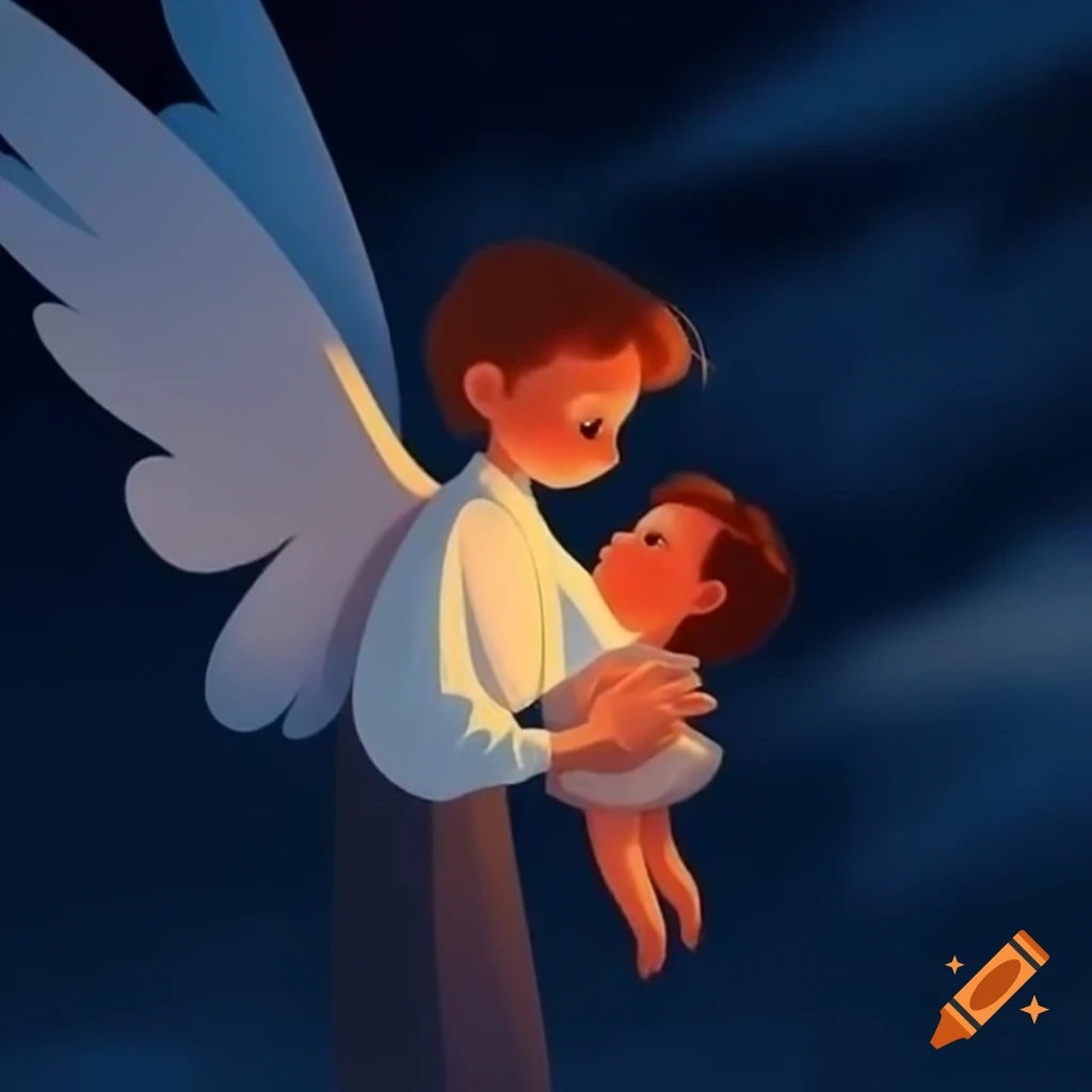 Guardian angel holding child's hand flying into night sky