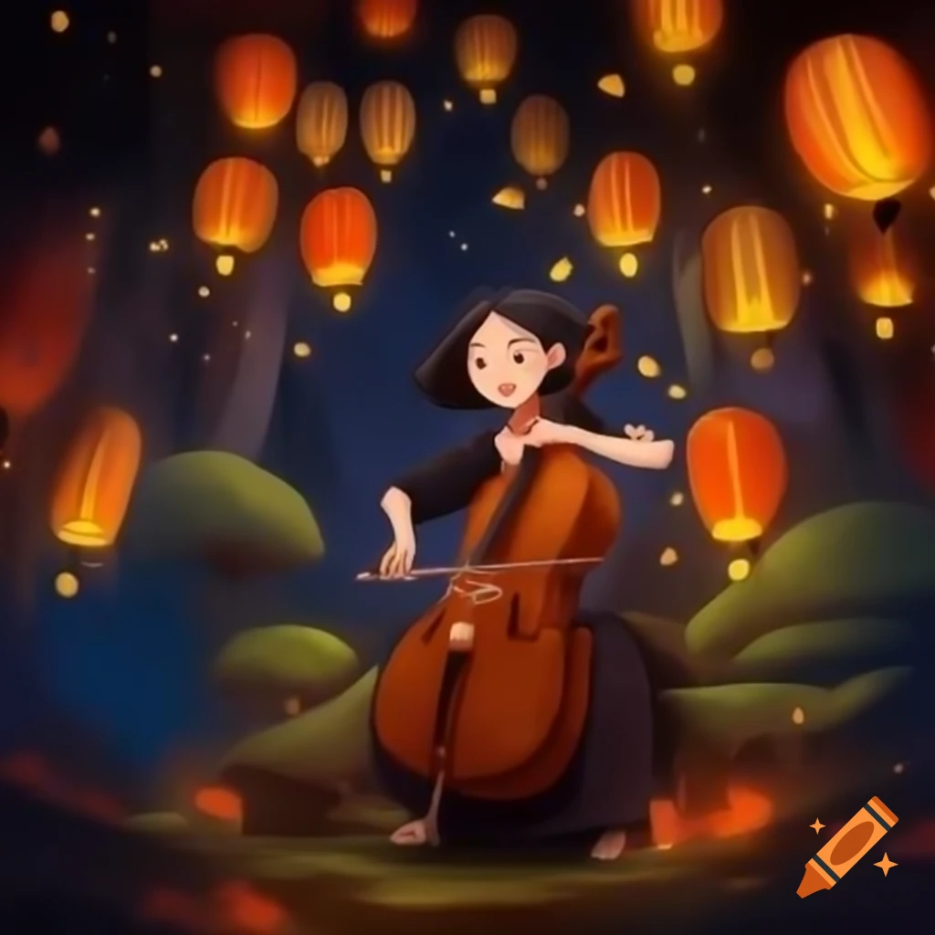 Asian woman playing cello in lantern-filled fantasy world, anime style