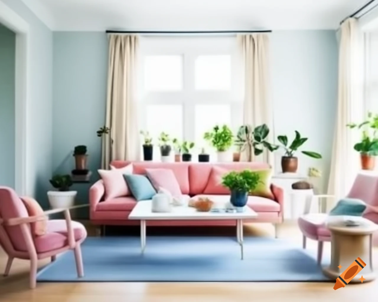 Pastel living room with pink sofa and plants, featuring natural light