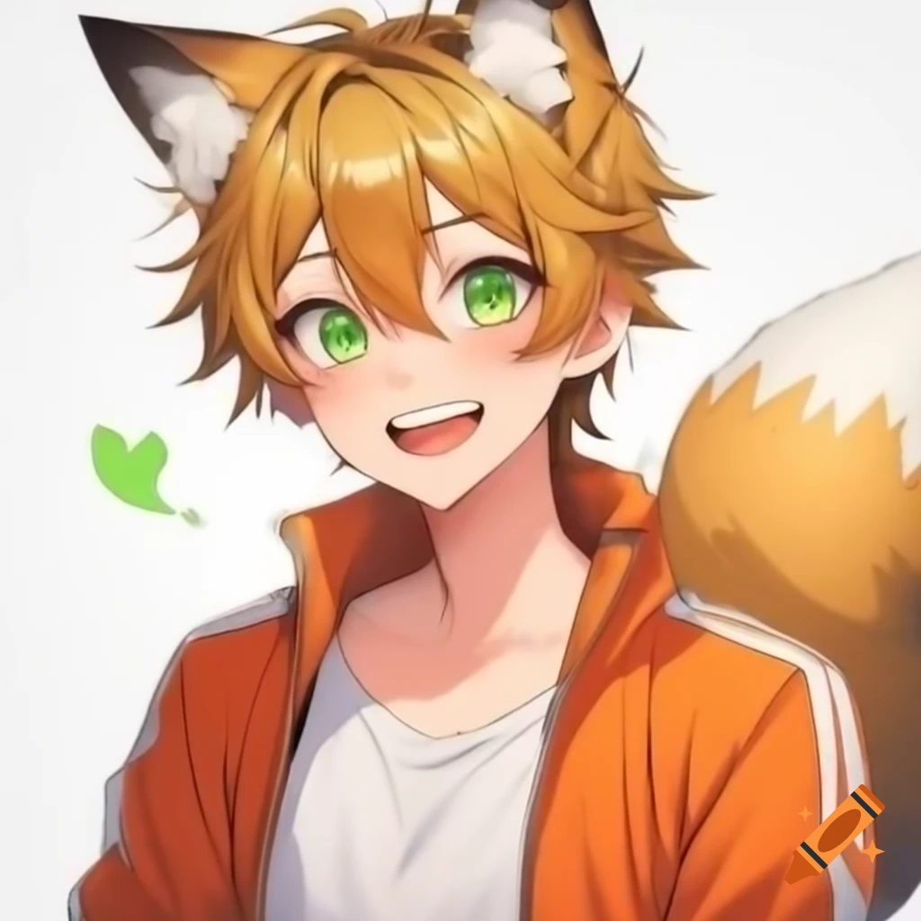 Joyful anime character with fox ears and tail, wearing orange jacket and white undershirt