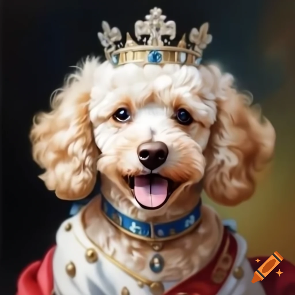 Happy white curly-haired poodle in royal coronation attire, oil painting