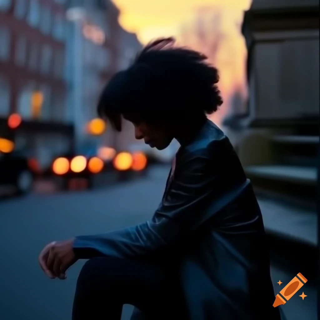 Portrait of young Black woman sitting on brownstone steps at dawn with blurred background