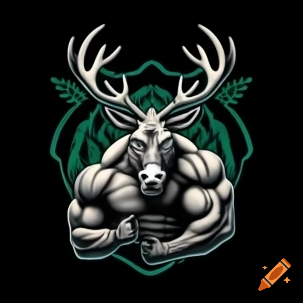 Muscular donkey with deer antlers in wooded logo design