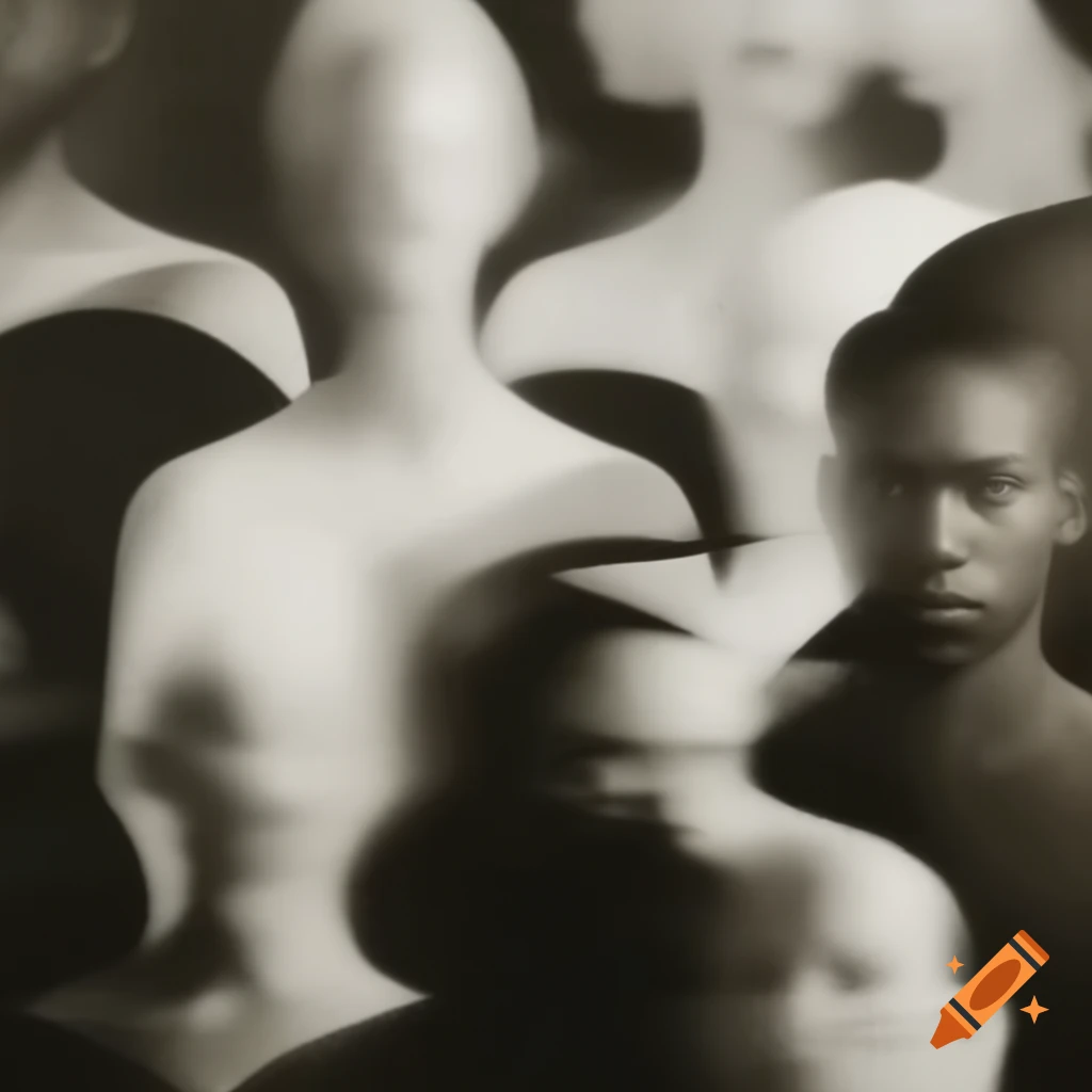 Surrealist artwork in black, white, grey, and sepia tones