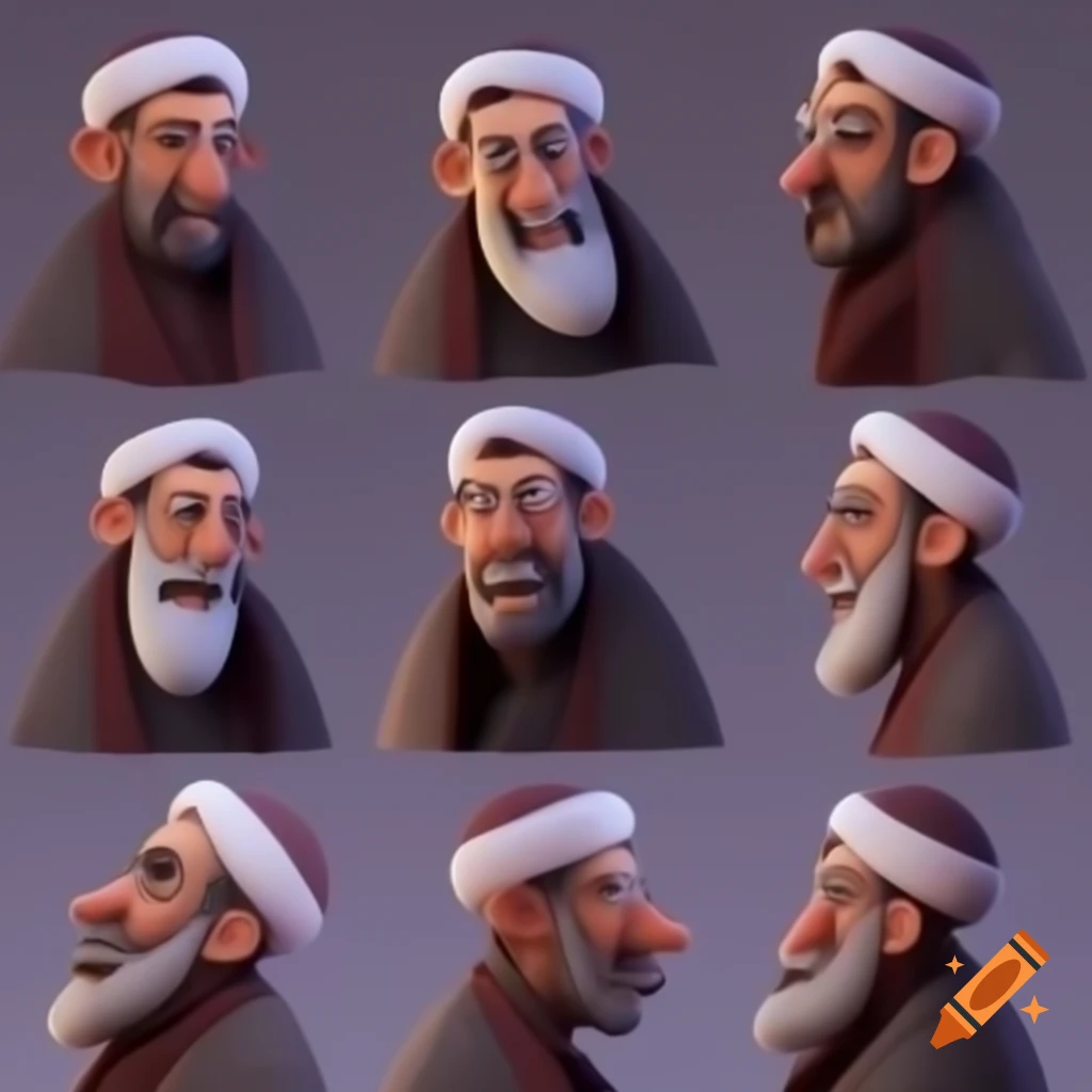 Character sheet of arabic muslim old man in various poses and emotions