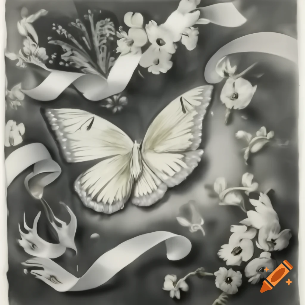 Surreal monochrome mezzotint with butterfly, ribbon, and flowers in renaissance style