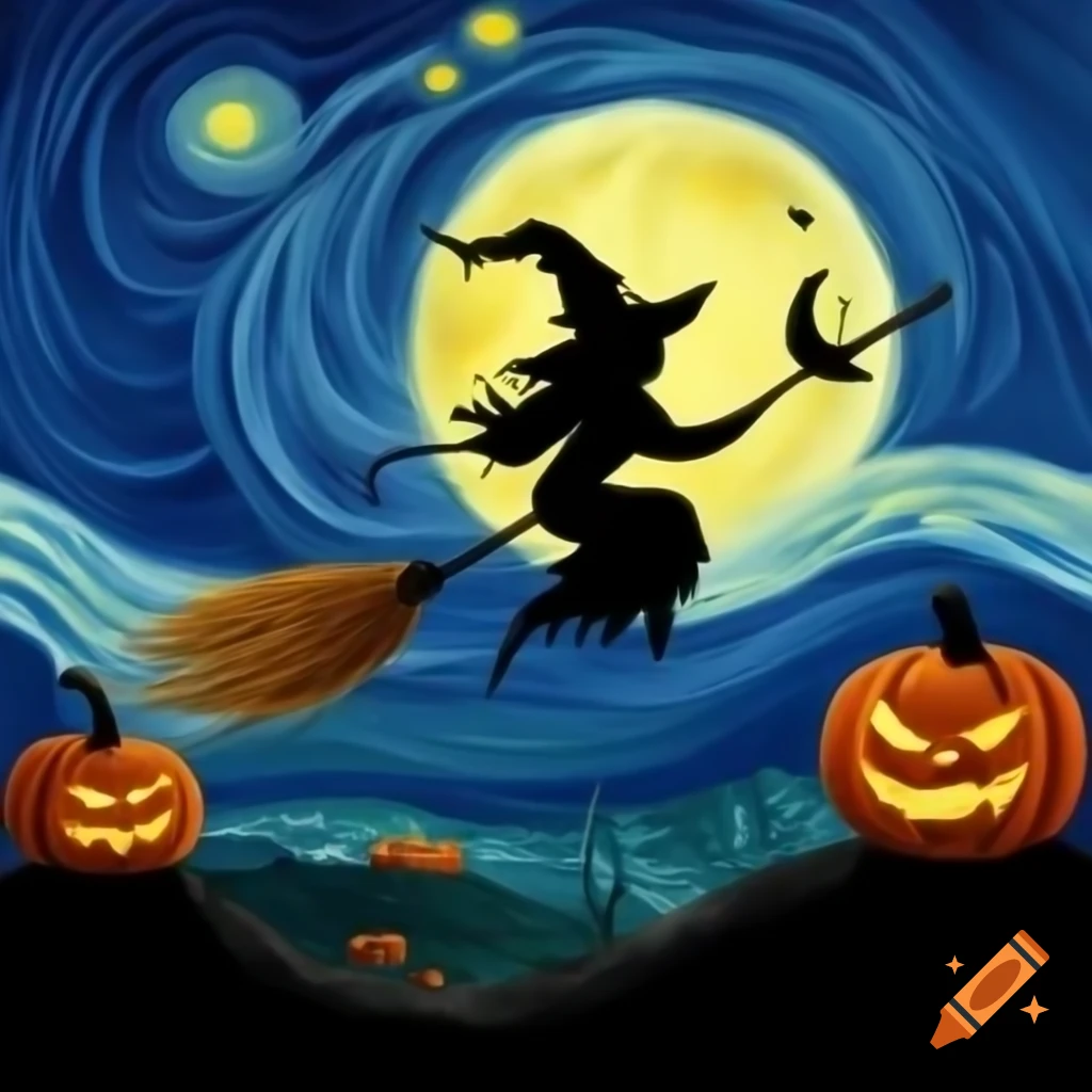 Halloween witch silhouette flying past moon with pumpkins, Van Gogh style