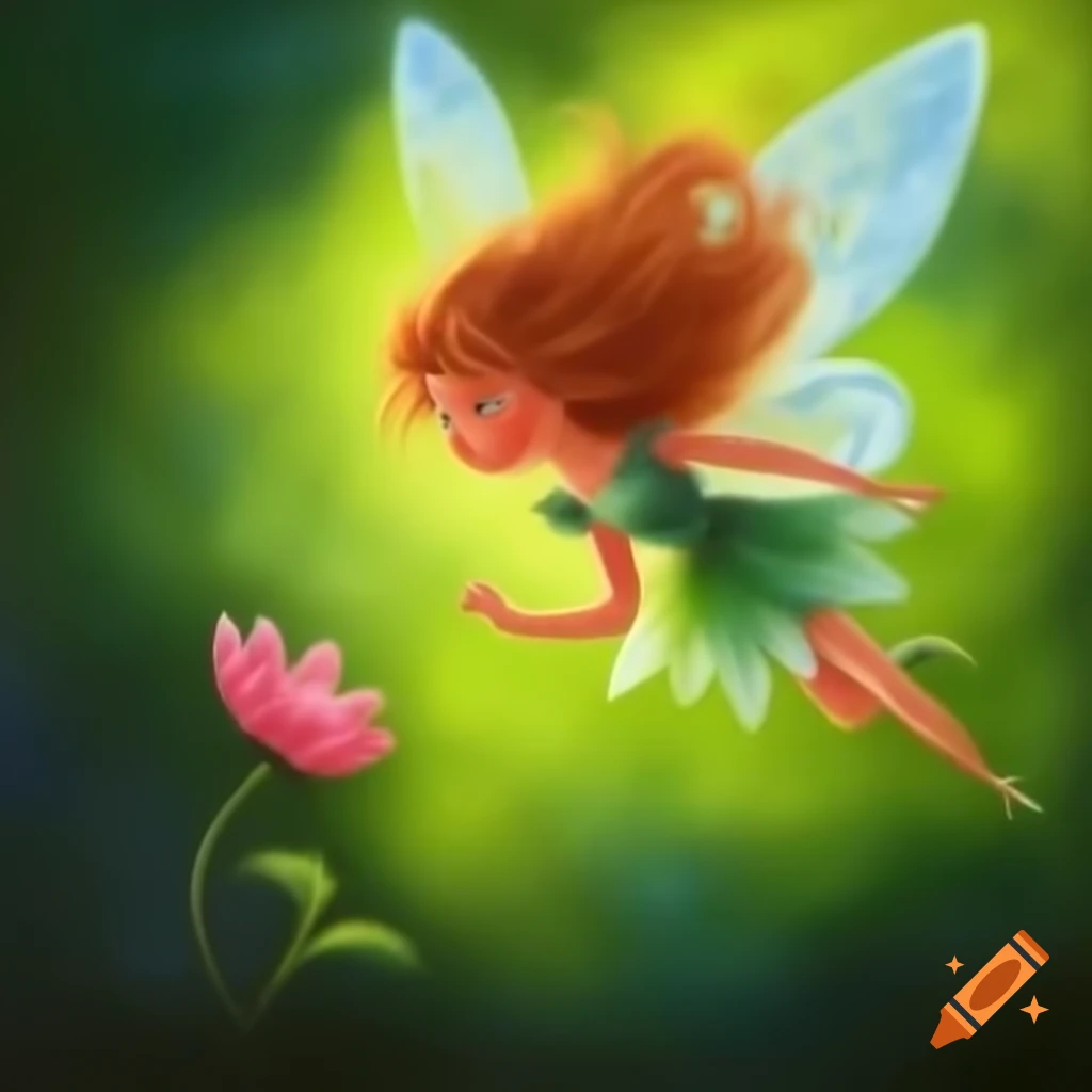 Forest fairy hovering near flower in storybook style