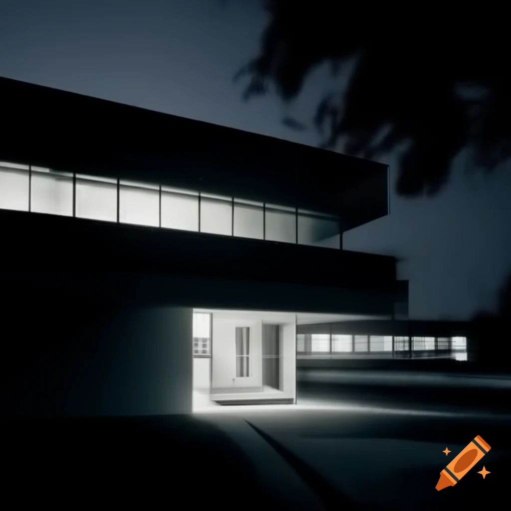 Surreal modernist school yard at night with illuminated windows
