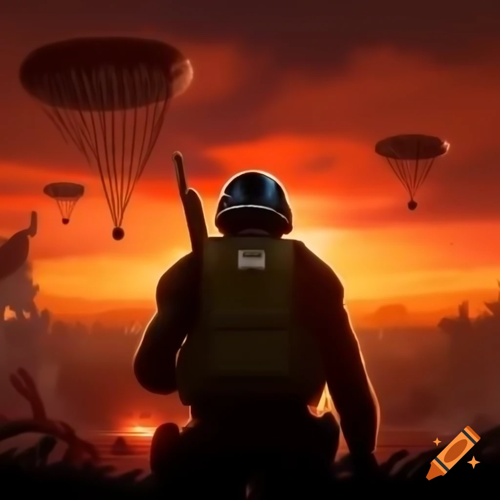 Battlefield at sunset with explosions and smoke, dramatic sky in orange and red