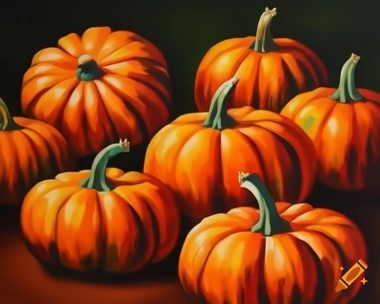 Storybook style pumpkins in orange, bronze, and green colors