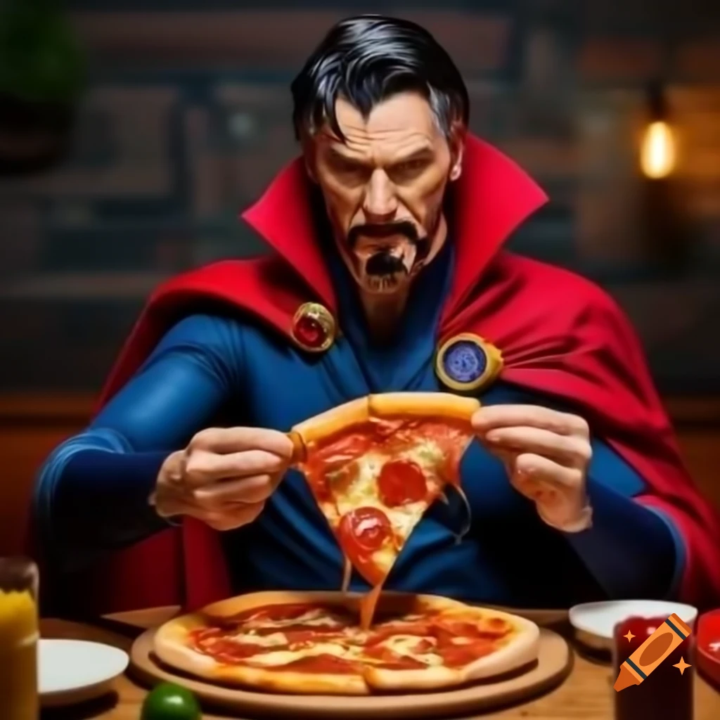 Realistic depiction of a superhero enjoying pizza