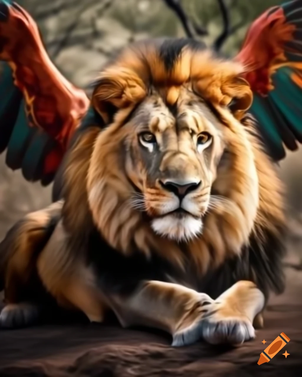 Lion lying down with Phoenix wings in background