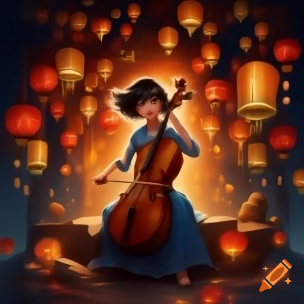 Asian woman playing cello in lantern-filled fantasy world, anime style