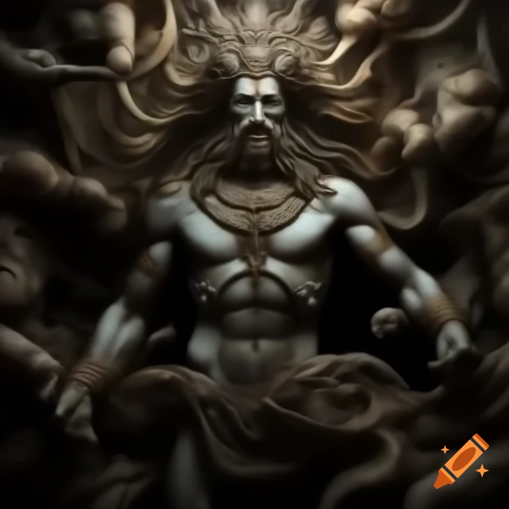Highly detailed atmospheric scene of mythological God of Chaos