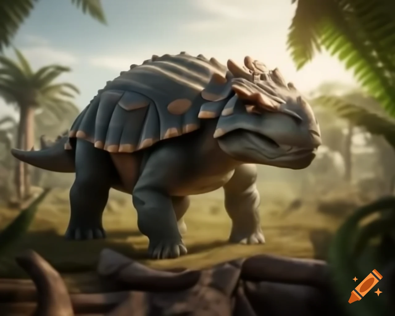 Ankylosaurus walking in prehistoric fern prairie with Diplodocus in the background