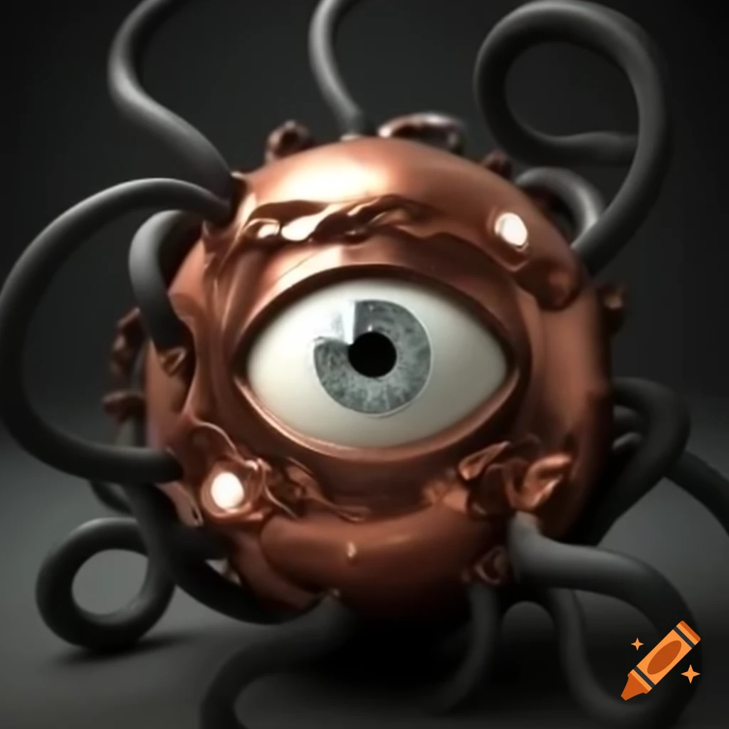 White eye in copper sphere surrounded by black tentacles