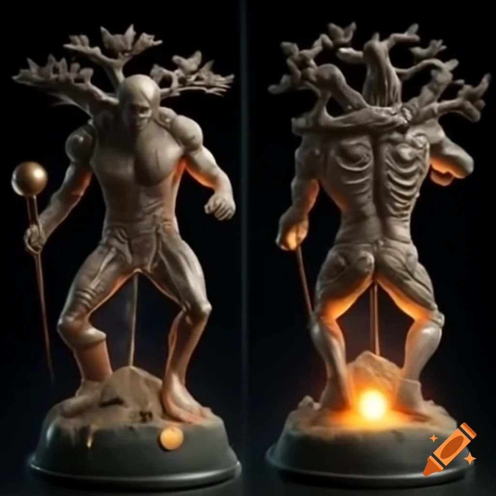 Hyper realistic humanoid tree holding wooden club and oak shield