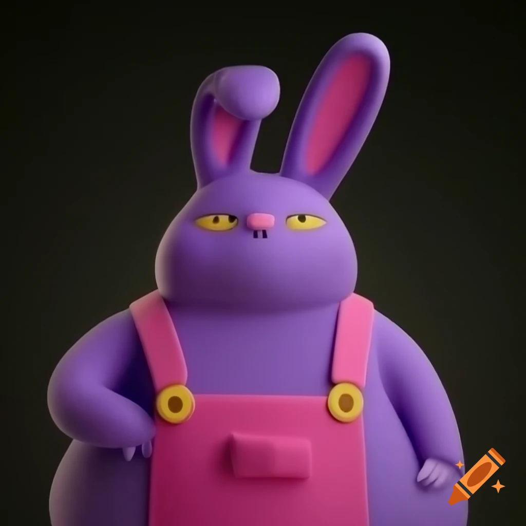 Anthropomorphic purple bunny wearing pink overalls with yellow buttons and eyes