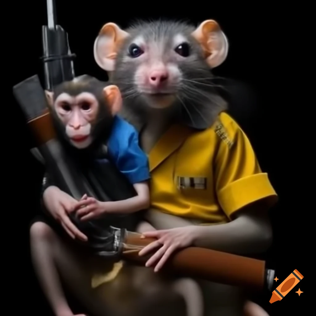 Rat in black and yellow shirt facing monkey in blue shirt