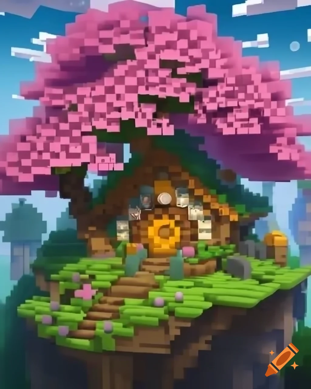 Fantasy hobbit house with pink trees in Minecraft during spring