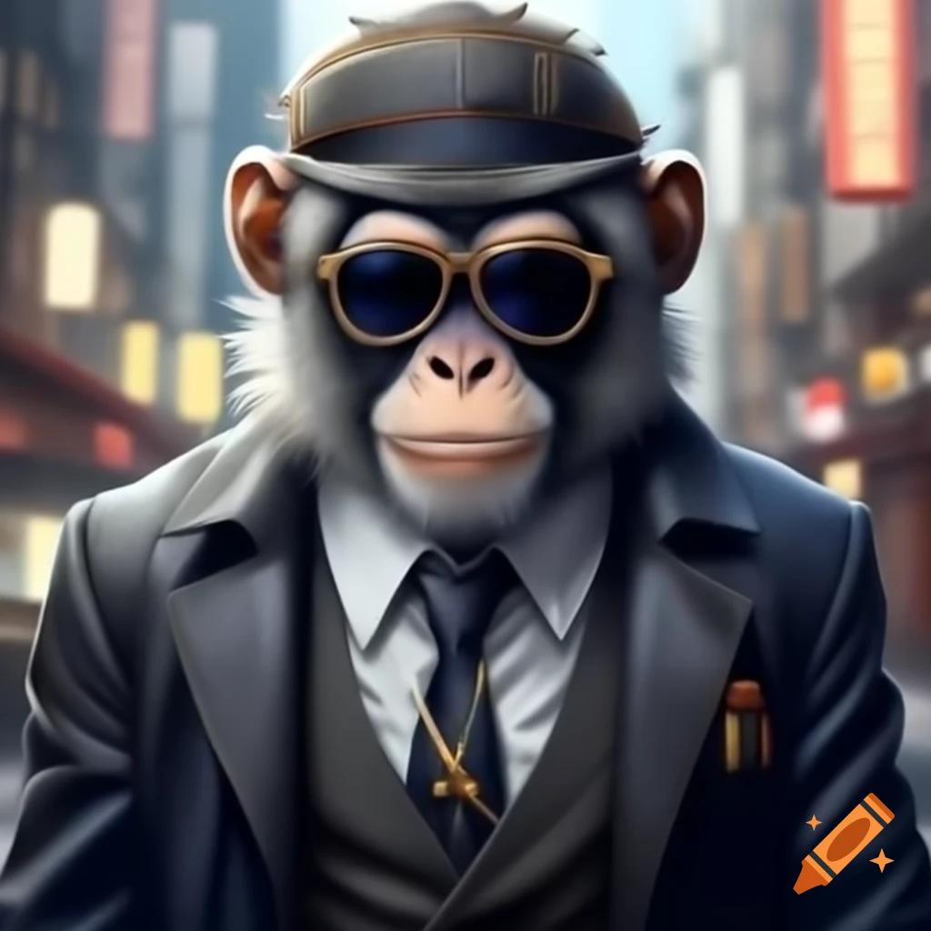 Stylish Japanese snow monkey in sunglasses and suit, noir illustration style
