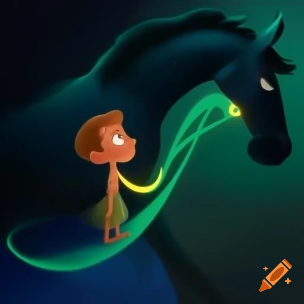 Child fascinated by horse with celestial colored eyes in Disney Jungle Book art style