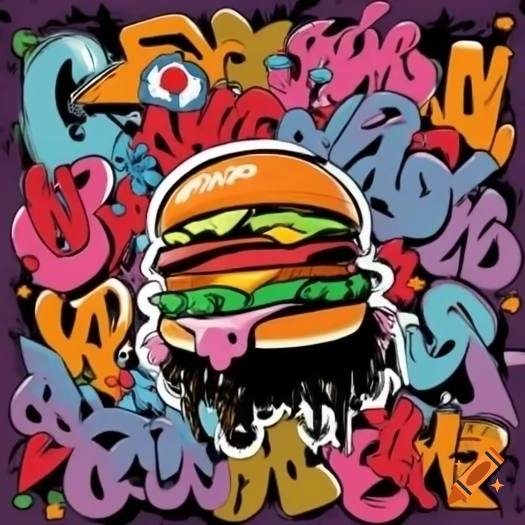 Graffiti art featuring the phrase 'HIP HOP! burger'