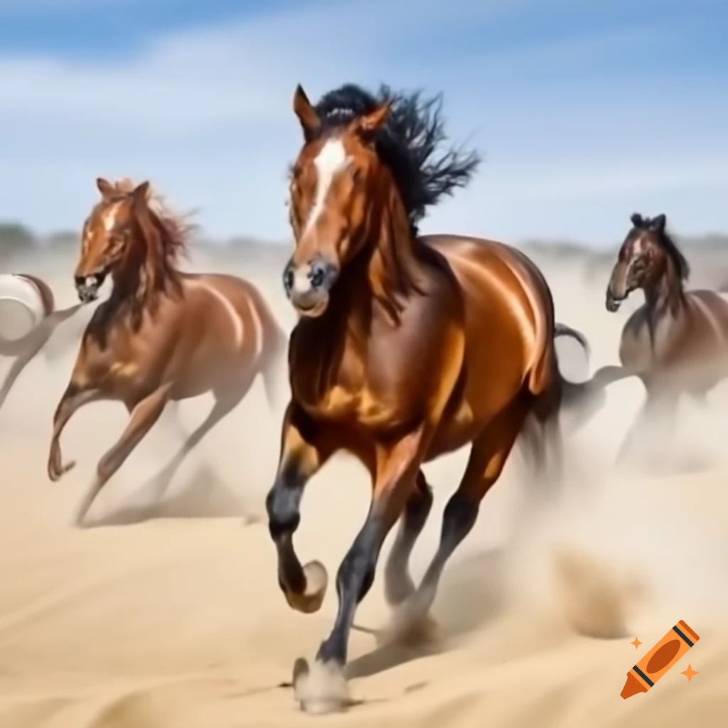 Three horses standing in a sandy landscape