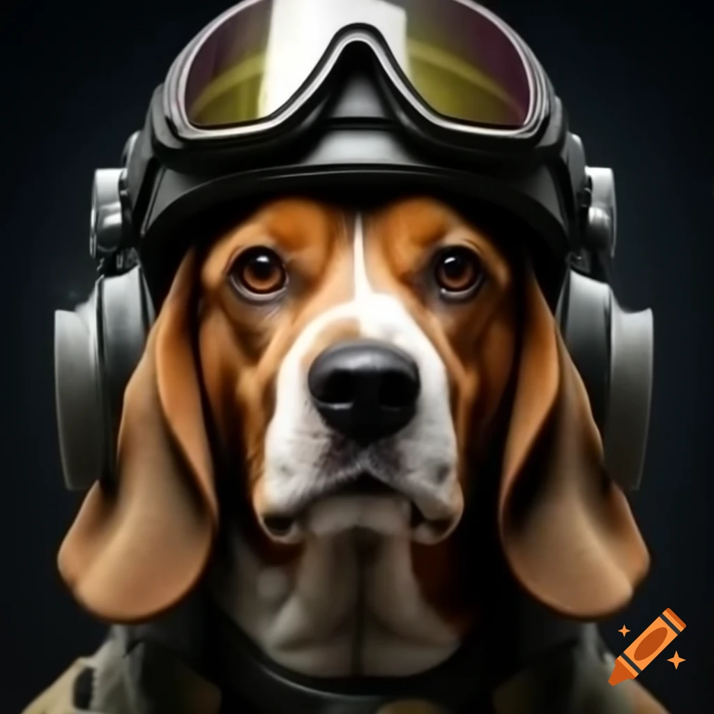 Photorealistic beagle wearing Ops-Core helmet and Peltor ComTac VI headphones