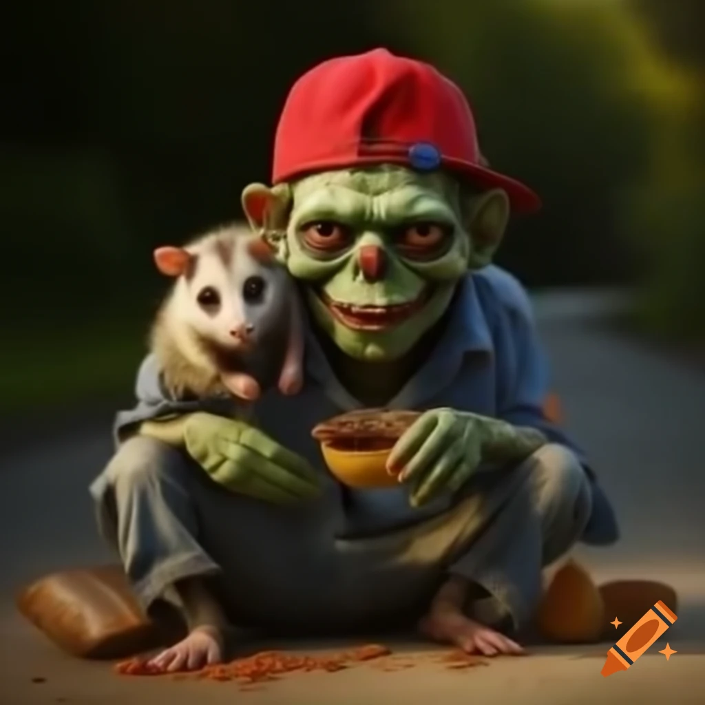Zombie in red baseball hat interacting with possum on the road