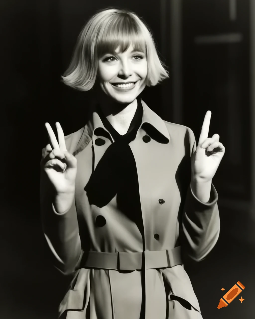 Award-winning vintage paparazzi photo of Asuka Langley actress making peace sign