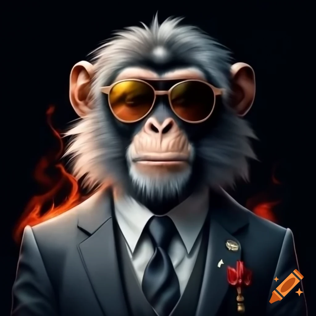 Stylish Japanese snow monkey in sunglasses and suit, noir illustration style