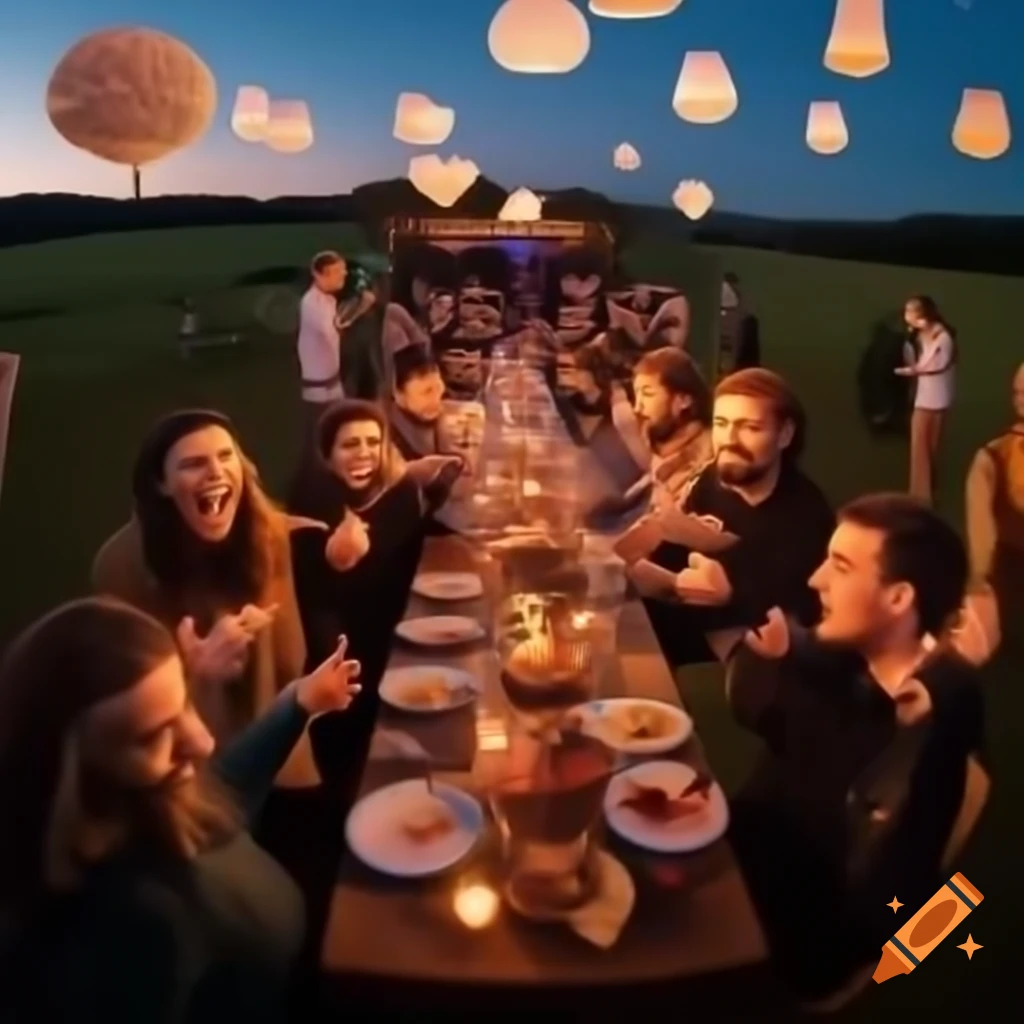 Grand outdoor banquet in Vieille France style with rustic wooden table under warm evening lights