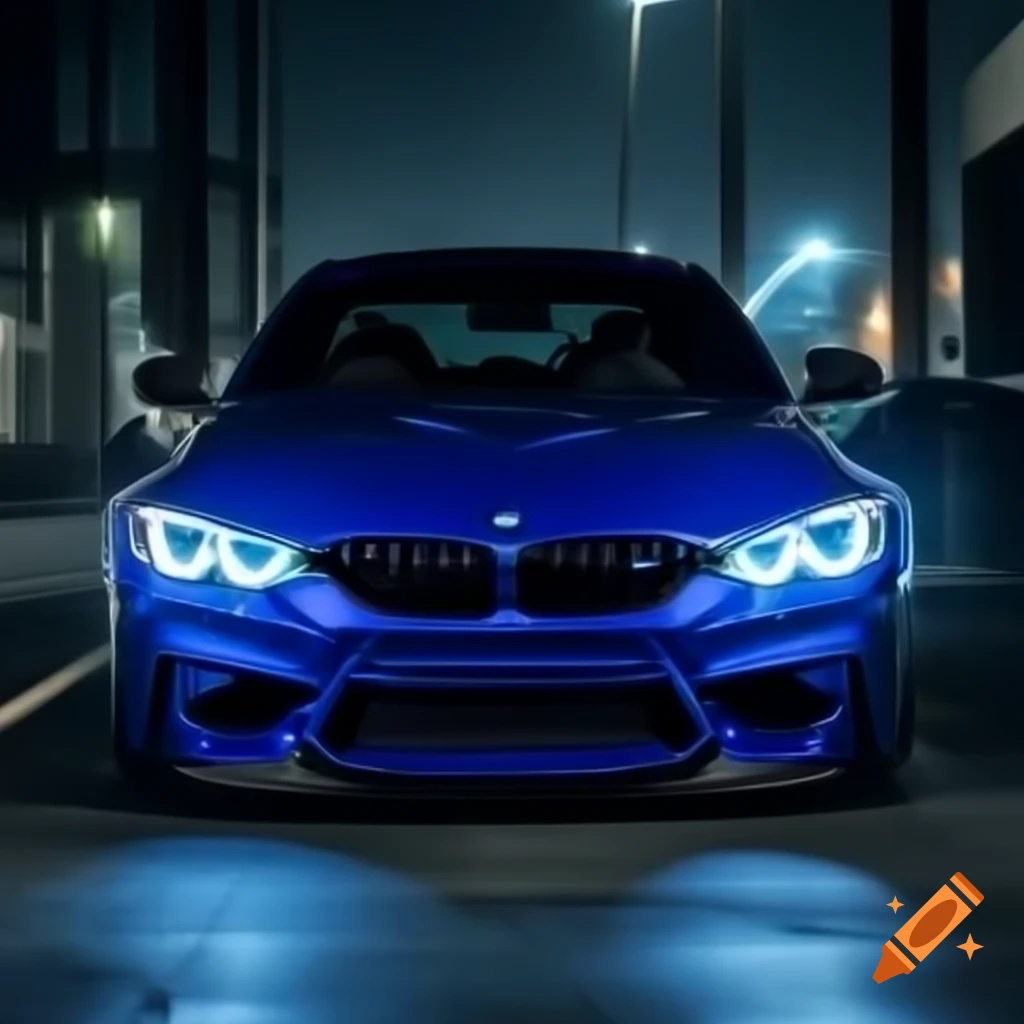 Blue BMW M5 illuminated by blue neon lights at night