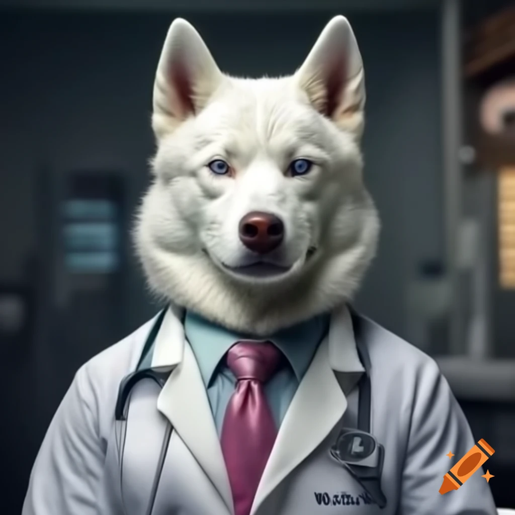 Alaskan husky in doctor's outfit with pink tie