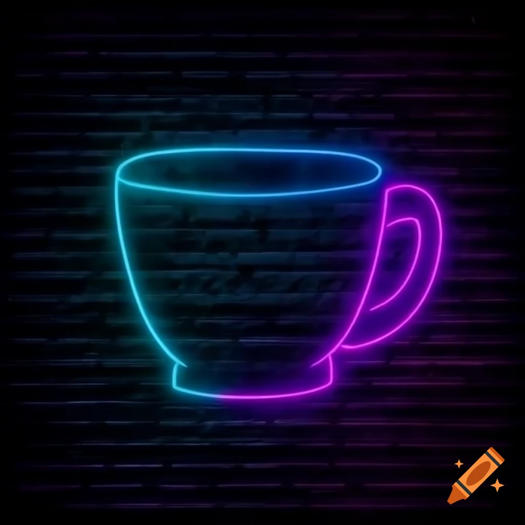 Simple neon design of a steaming coffee cup against black brick background