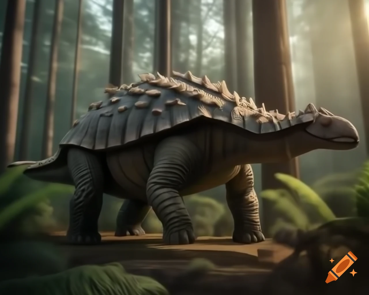 Ankylosaurus walking in sunny forest clearing, with ferns and fallen trees