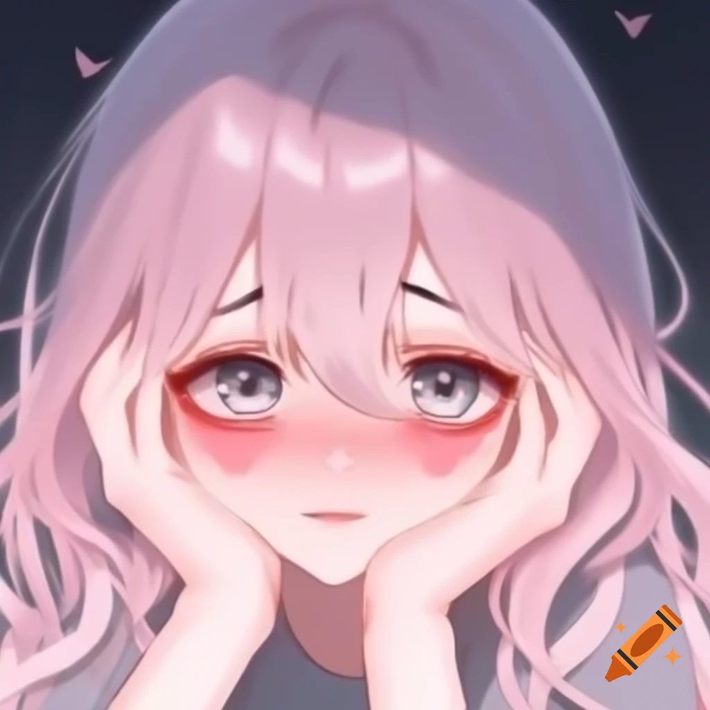 Anime woman with light gray eyes and pink wavy hair surrounded by hearts